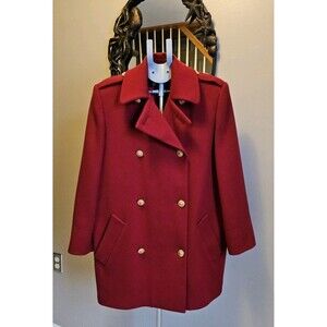 Vintage Perry Ellis Portfolio Red Wool Pea Coat Womens 12 USA Gold Buttons 90s